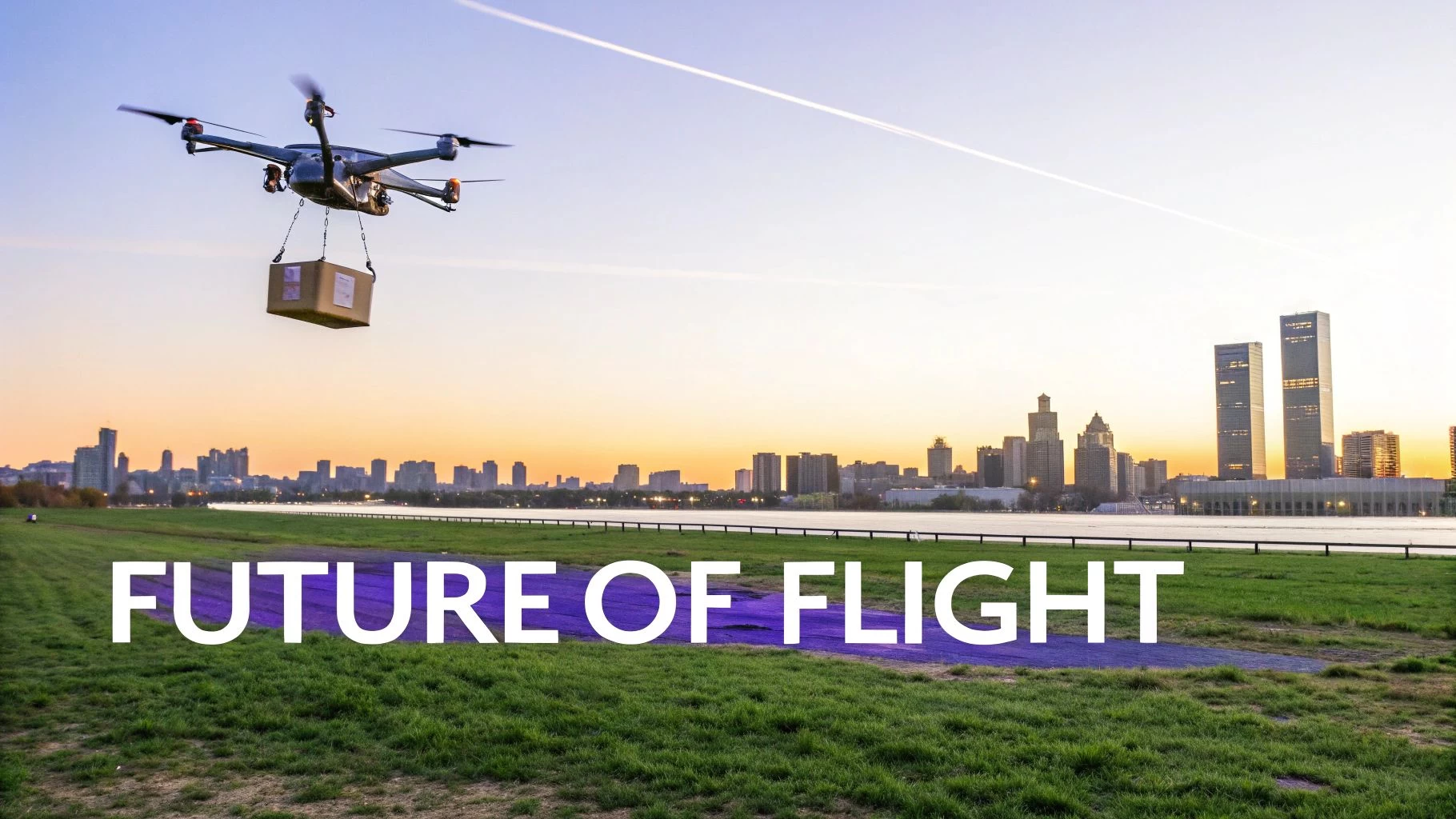 A futuristic city skyline with drones flying, symbolizing the advanced applications enabled by Remote ID.