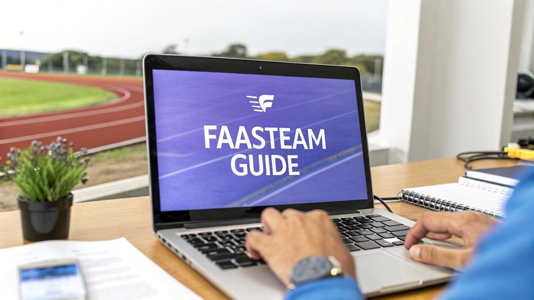 Person typing on a laptop displaying 'FAASTEAM GUIDE' with a running track visible in the background, papers on desk.