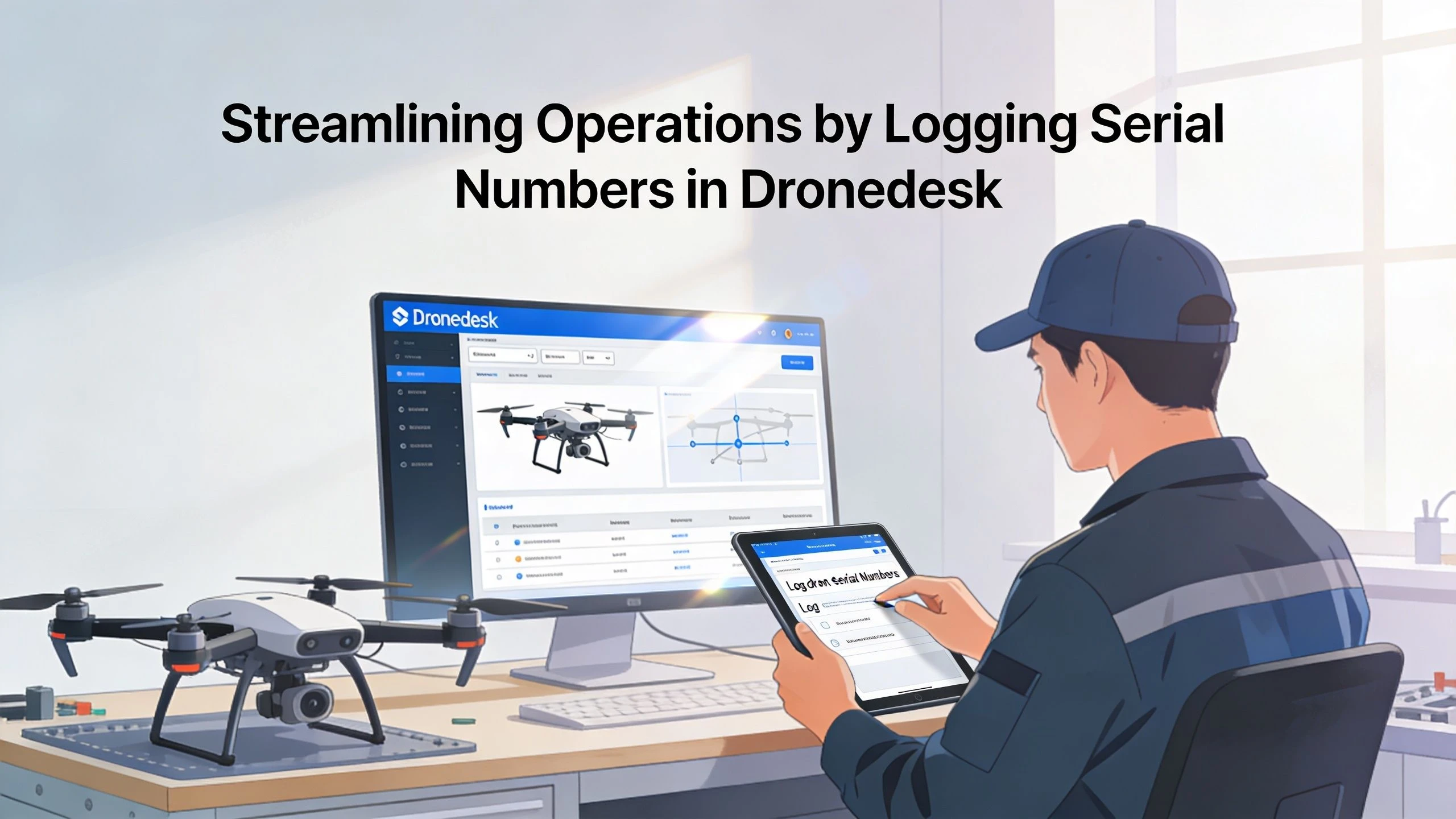 A technician using Dronedesk software on a computer and tablet to log drone serial numbers in a workspace.