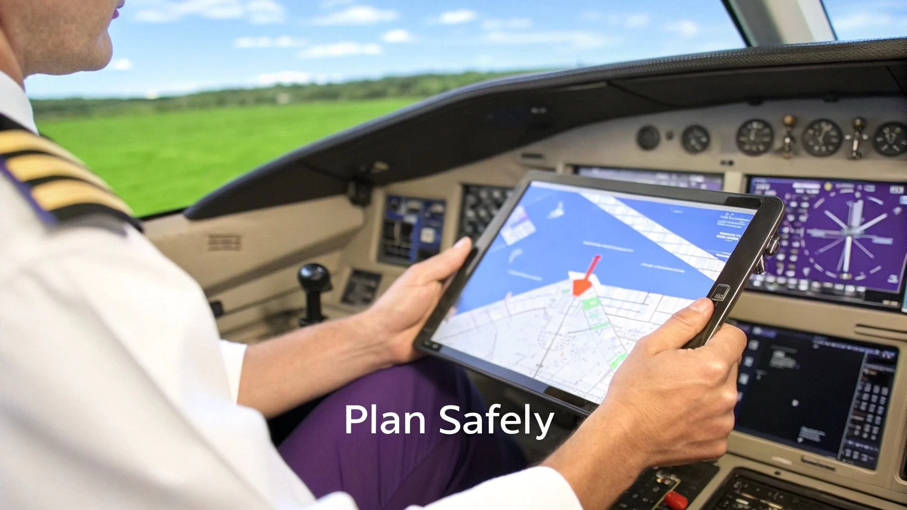 A pilot checks a VFR sectional chart on a tablet before a flight.