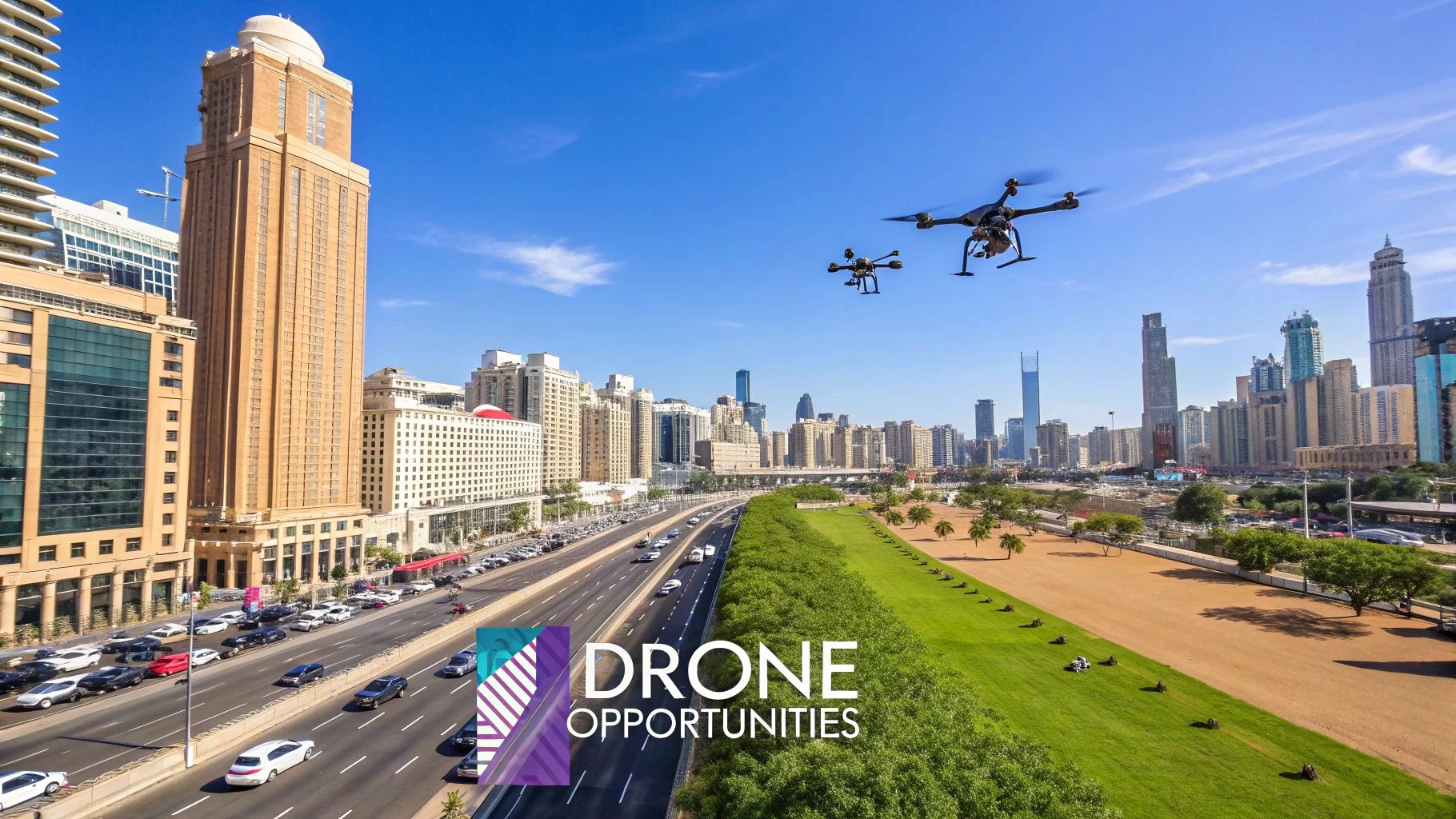 Drone in flight over a cityscape