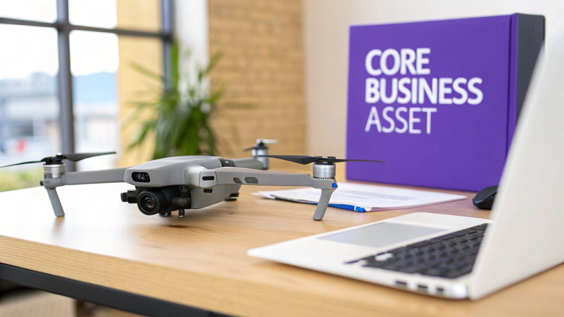 Modern drone and laptop on a wooden desk, with a 'CORE BUSINESS ASSET' sign in the background.