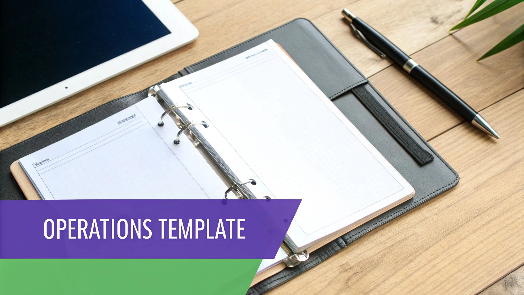 An open notebook and pen on a wooden desk with a tablet and plant, featuring an 'Operations Template' graphic.