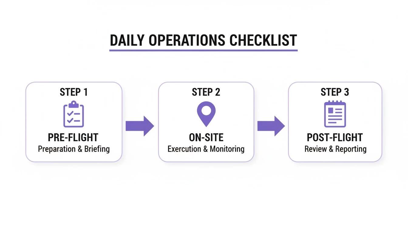 A daily operations checklist workflow illustrating pre-flight preparation, on-site execution, and post-flight review.