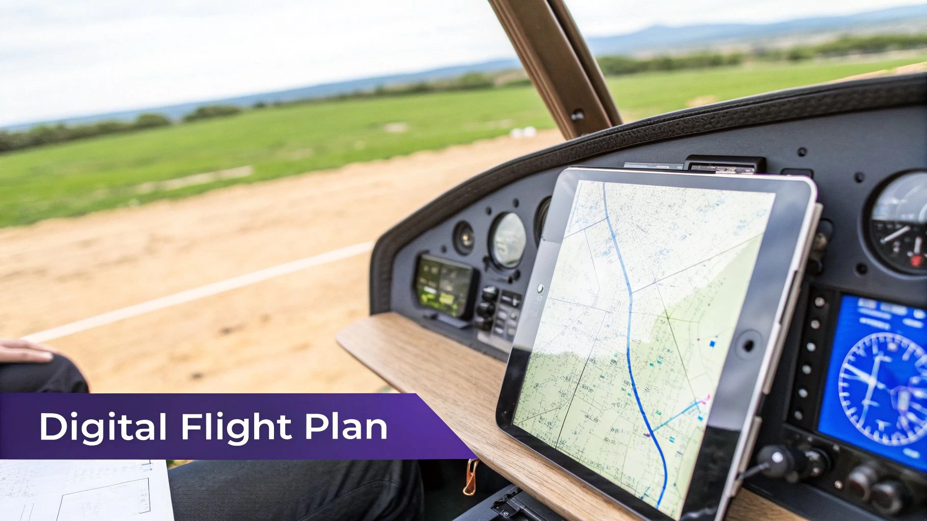 Inside an airplane cockpit, a pilot uses a tablet displaying a digital map for flight planning.