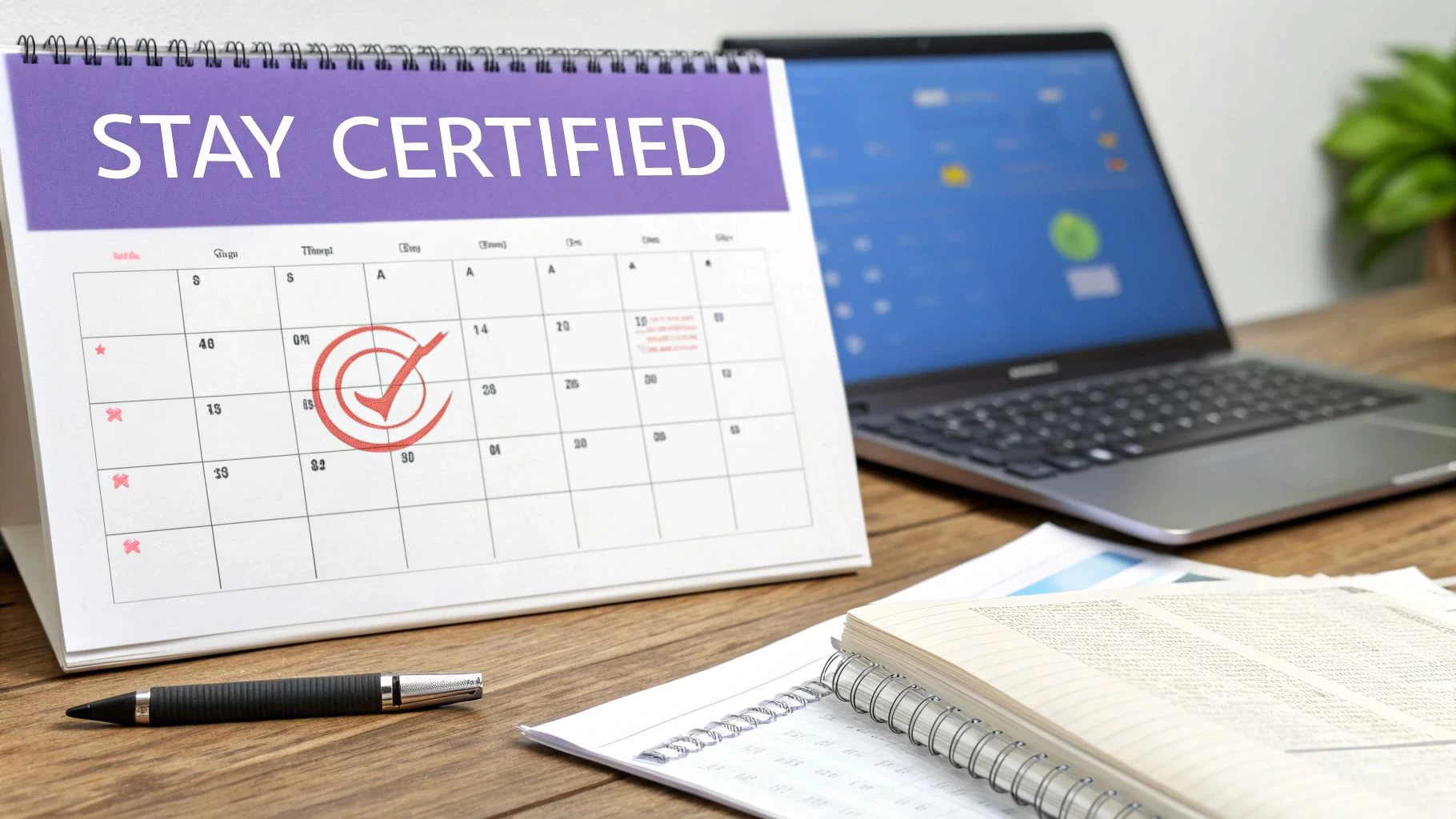 Desk calendar displaying 'STAY CERTIFIED' with a marked date, alongside a laptop and pen, signifying professional development.