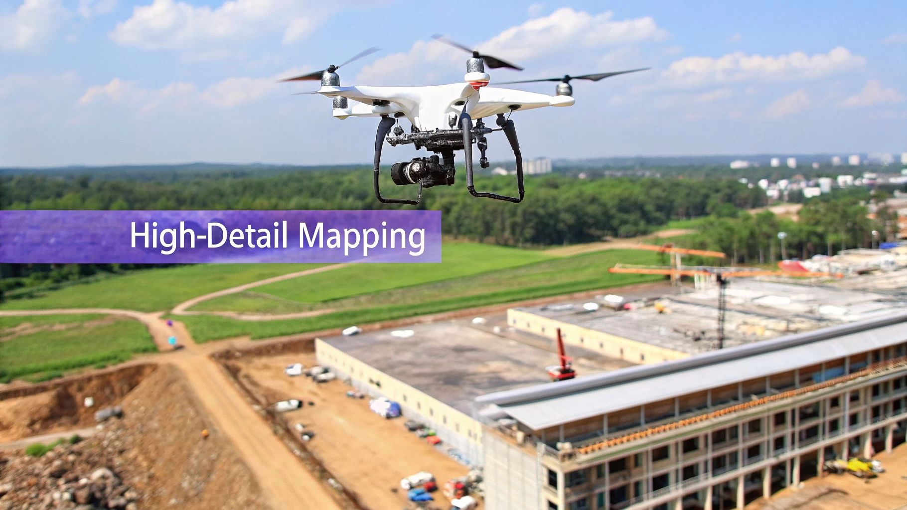 White UAV drone with a camera performing high-detail mapping over a construction site and green landscape.