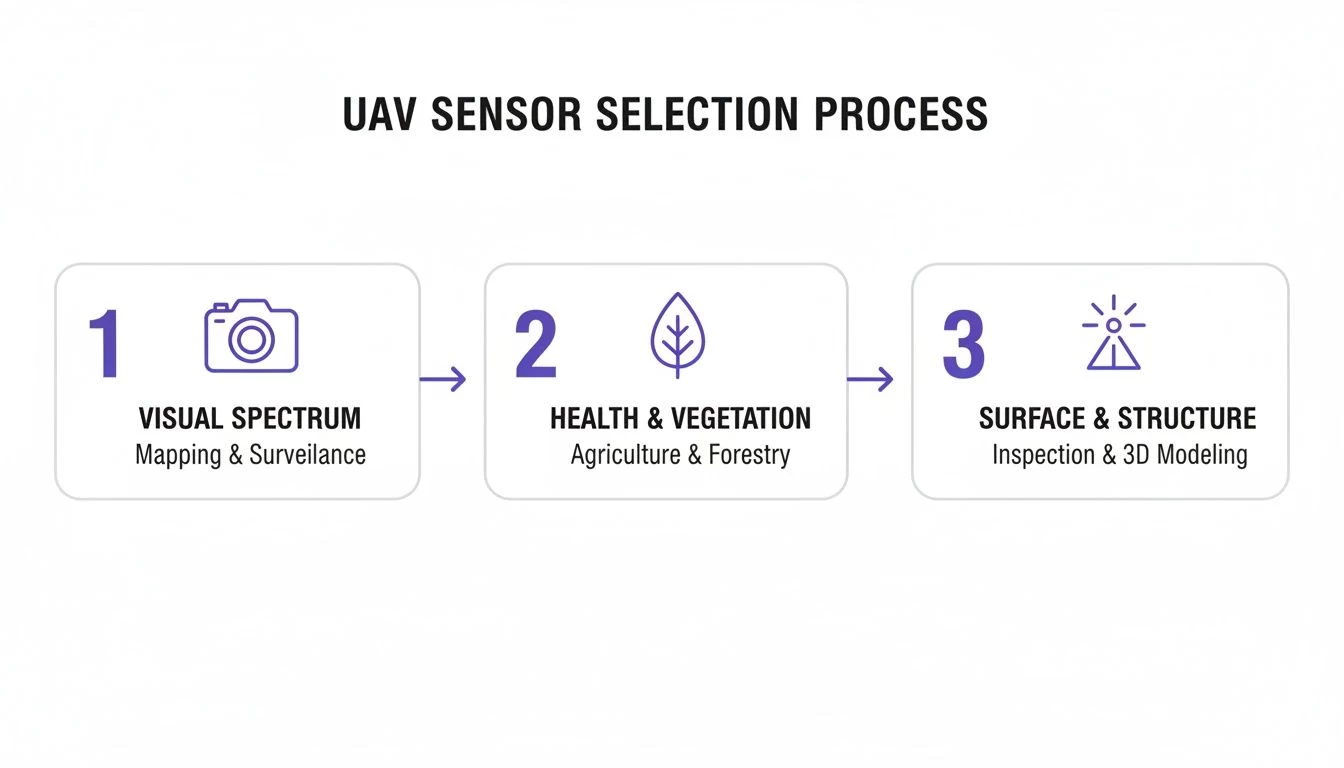 A diagram showing the UAV sensor selection process: Visual Spectrum for mapping, Health & Vegetation, and Surface & Structure applications.