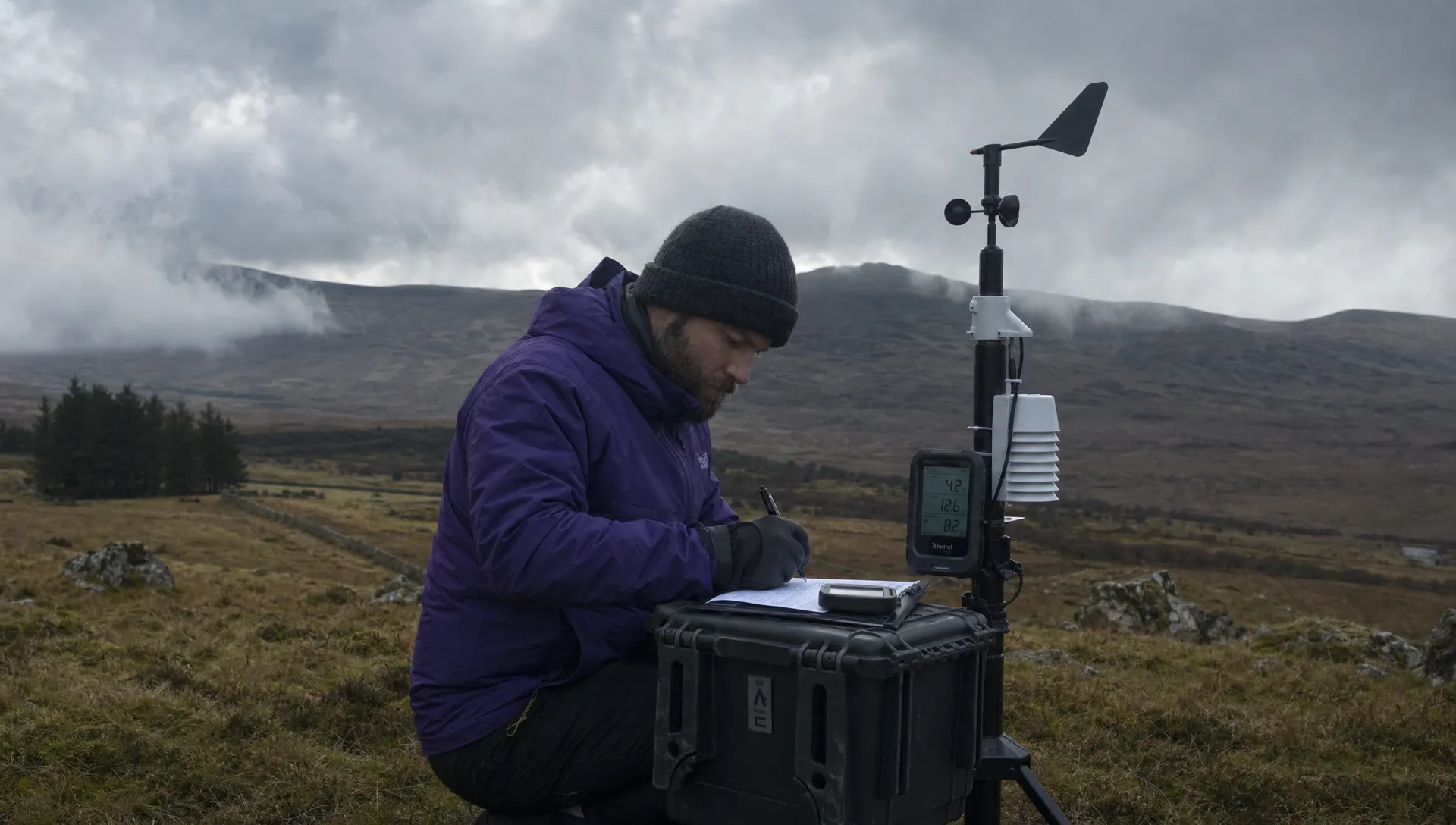 Weather checks at a rural survey site with an anemometer, thermometer and written assessment on an equipment case under low cloud.
