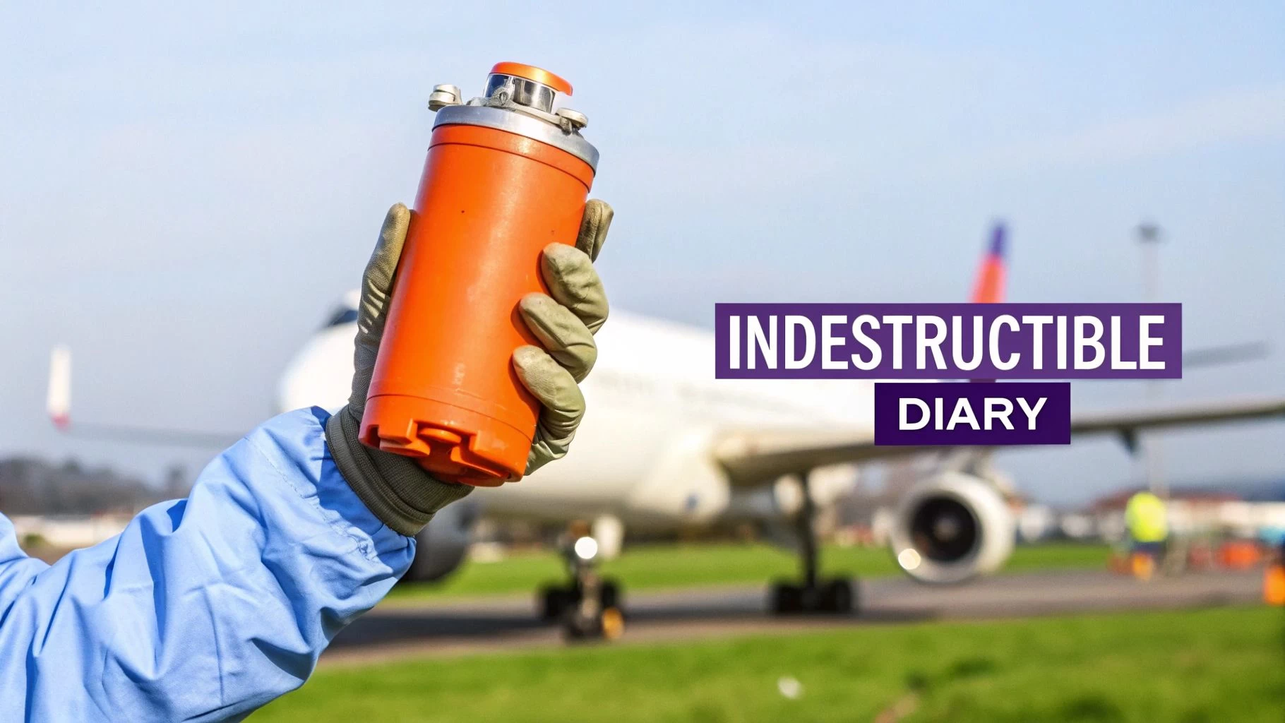 A gloved hand holds an orange flight recorder against a blurred airplane on an airfield runway.