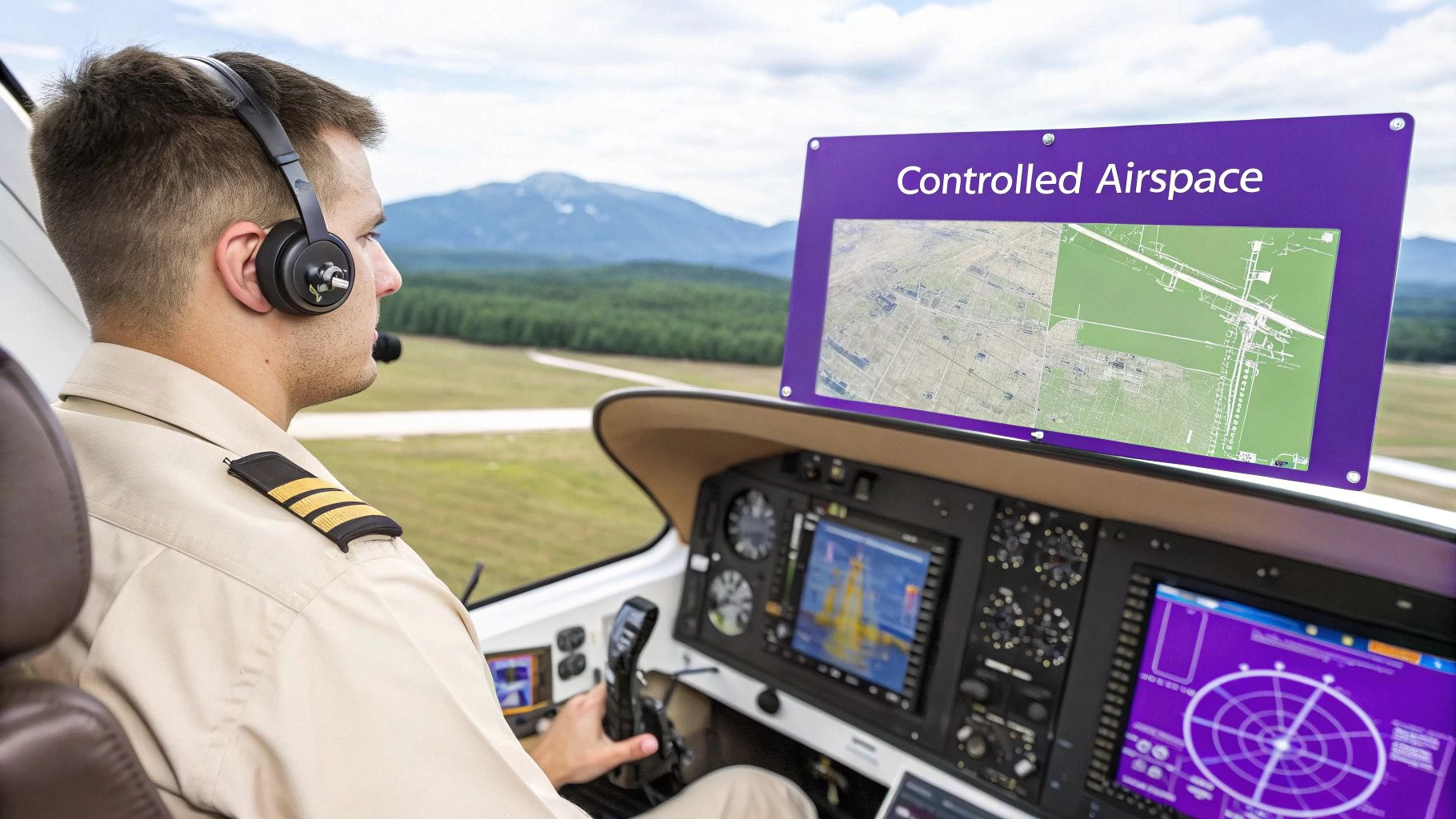 A drone flying over a landscape, illustrating the concept of navigating airspace.