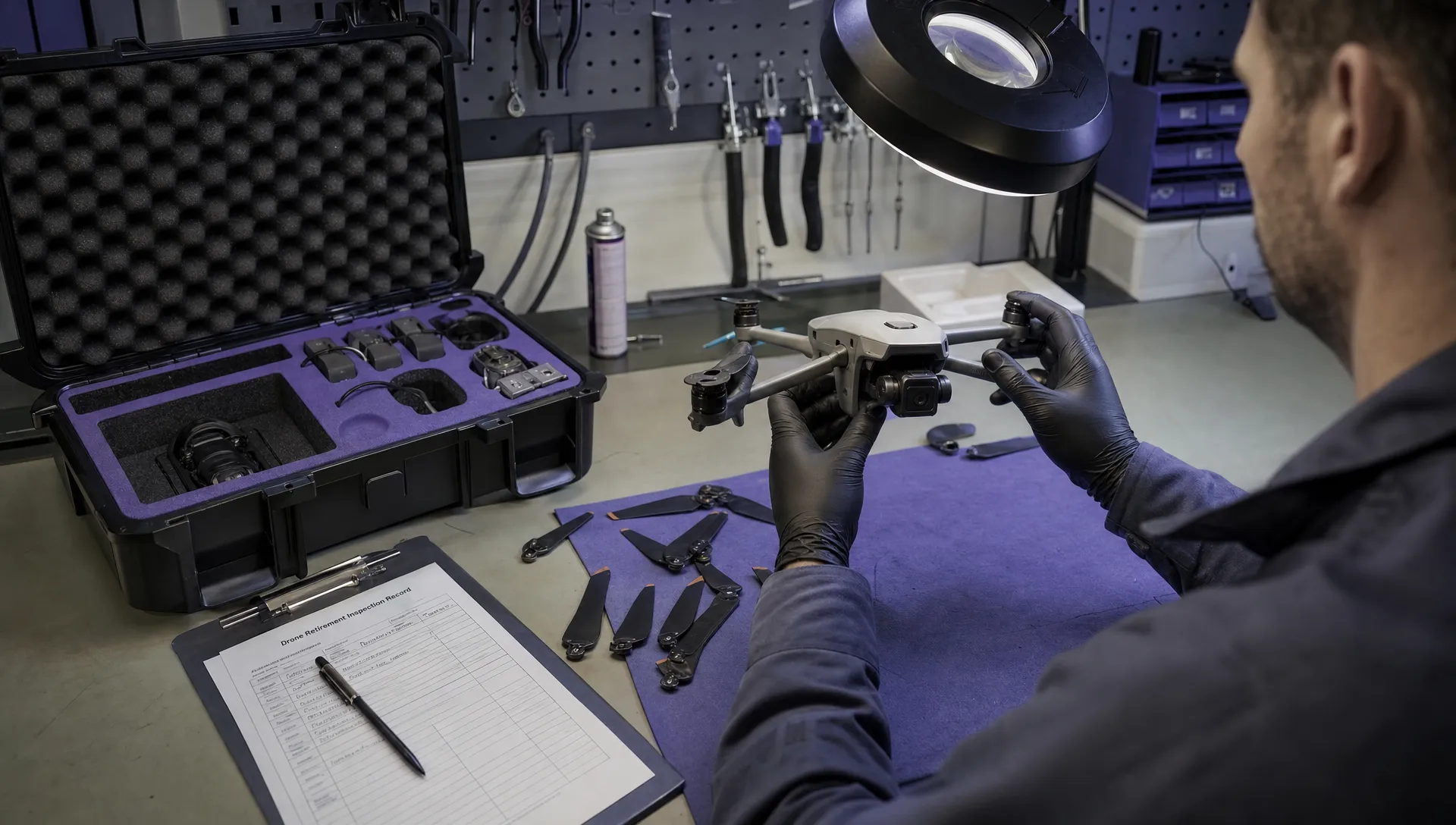A maintenance workbench with inspection records, removed propellers, a padded parts case and a magnifying lamp for a drone retirement review.