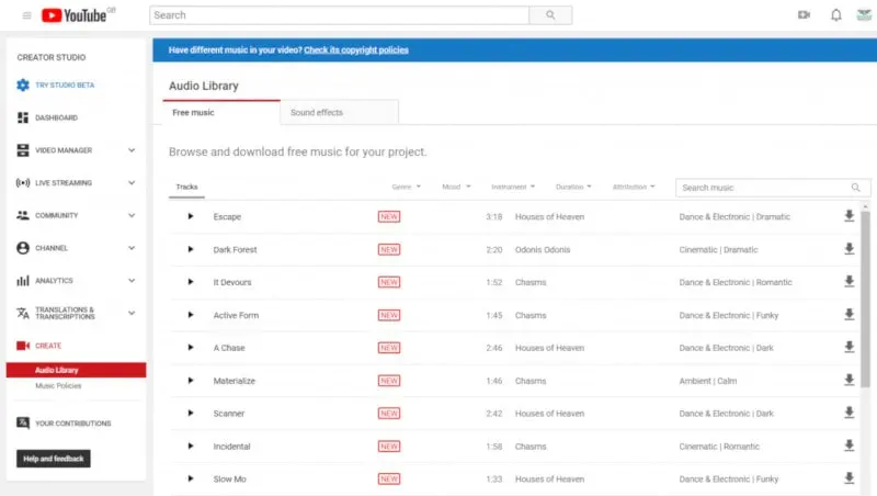 YouTube Audio Library screenshot